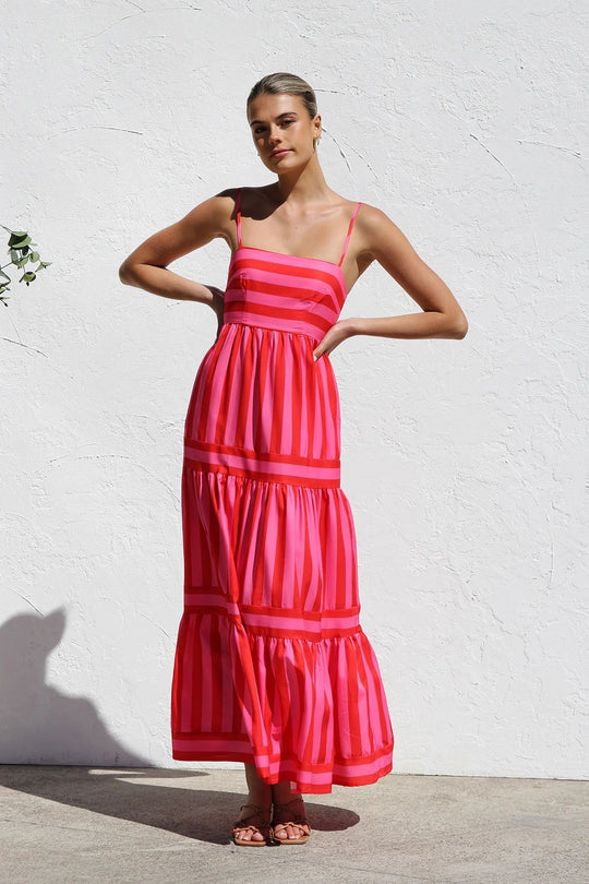 Damen Maxikleid mit Streifenmuster und fließendem Rock EB
