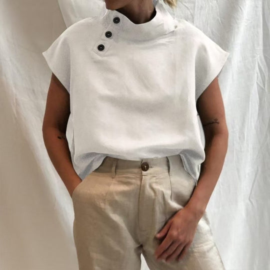 Damen moderne Bluse mit Stehkragen und eleganten Knopfdetails EB