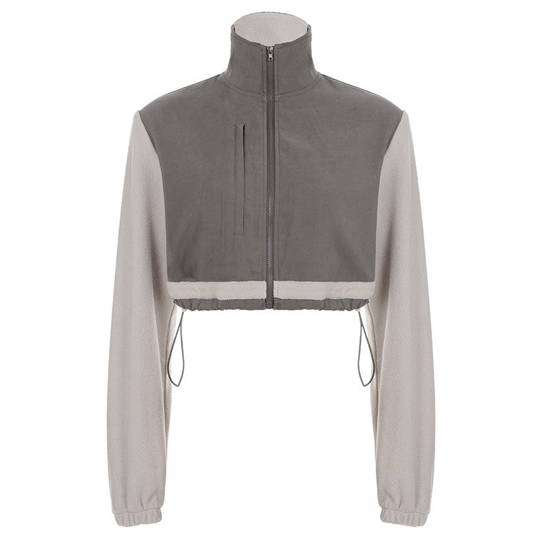 Damen nan kurzes Fleece-Zipjacke mit Stehkragen, Tunnelzugsaum und Brusttasche EB