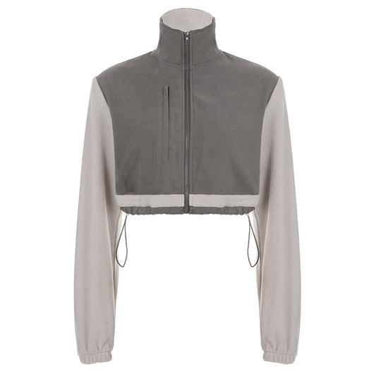 Damen nan kurzes Fleece-Zipjacke mit Stehkragen, Tunnelzugsaum und Brusttasche EB