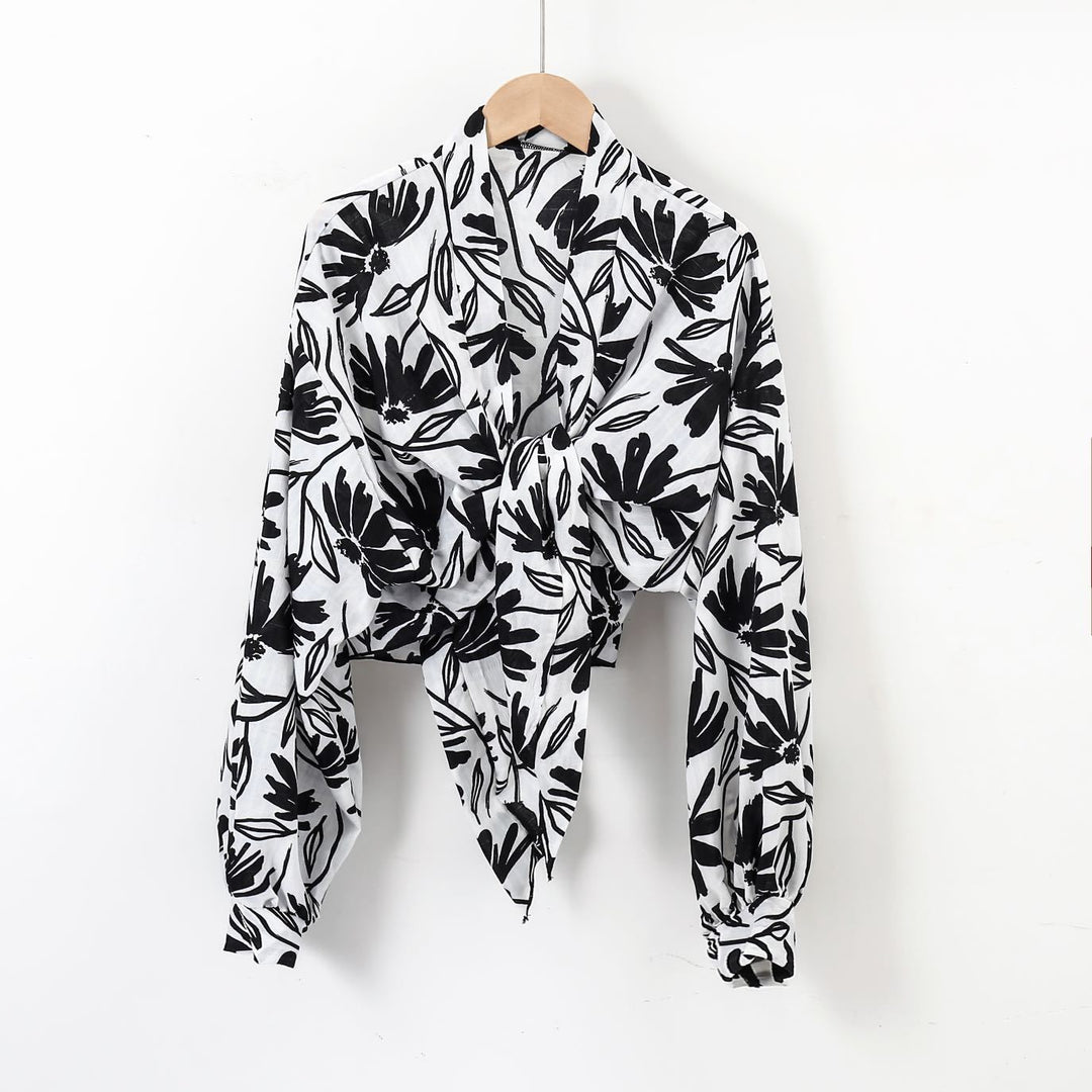 Damen nan florale Knoten-Bluse im Wickelstil mit Ballonärmeln und leichter Leinenoptik EB