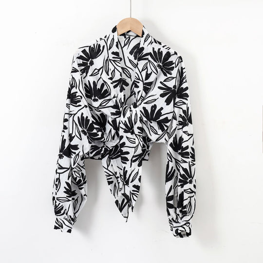 Damen nan florale Knoten-Bluse im Wickelstil mit Ballonärmeln und leichter Leinenoptik EB