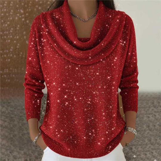 Damen nan schimmernder Strickpullover mit Wasserfallkragen, feiner Glitzerstruktur und schmalem Saum EB