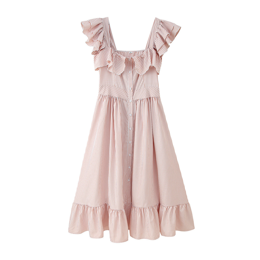 Damen Rüschensommerkleid mit Knopfdetails und weitem Rock EB