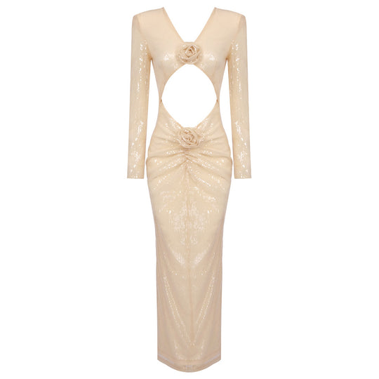 Damen figurumspielendes Abendkleid mit transparenten Cut-Out-Details und edler Rosenapplikation EB