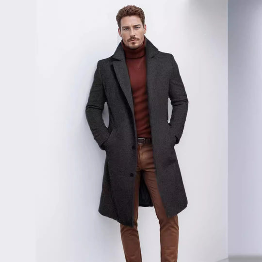 Herren eleganter Langmantel mit strukturiertem Obermaterial und praktischen Taschen EB
