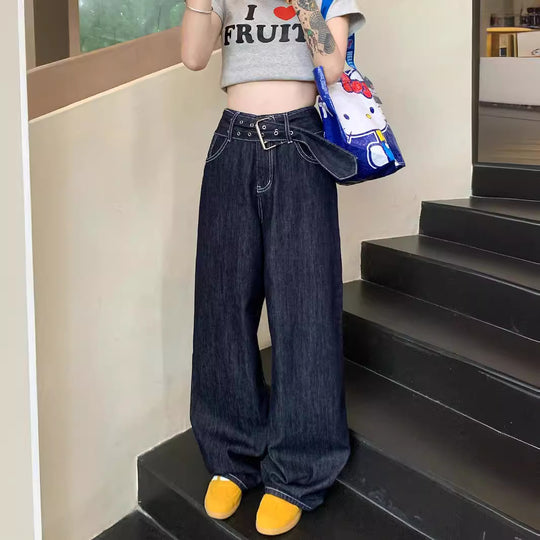 Damen Weite Jeans mit modischem Gürtel und einzigartigem Schnitt EB
