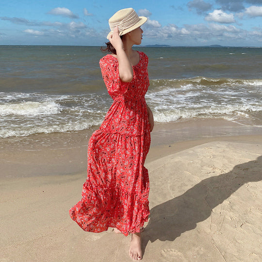 Damen fließendes Maxikleid mit schickem Paisleymuster und Taillenbindung EB