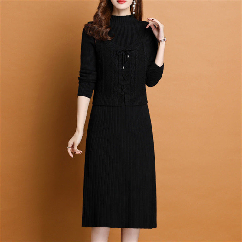 Damen elegantes Strickkleid mit hochgeschlossenem Kragen und dekorativem Zopfdesign EB