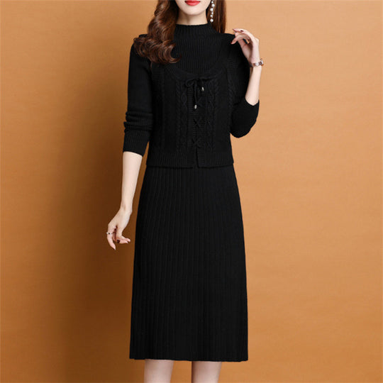 Damen elegantes Strickkleid mit hochgeschlossenem Kragen und dekorativem Zopfdesign EB
