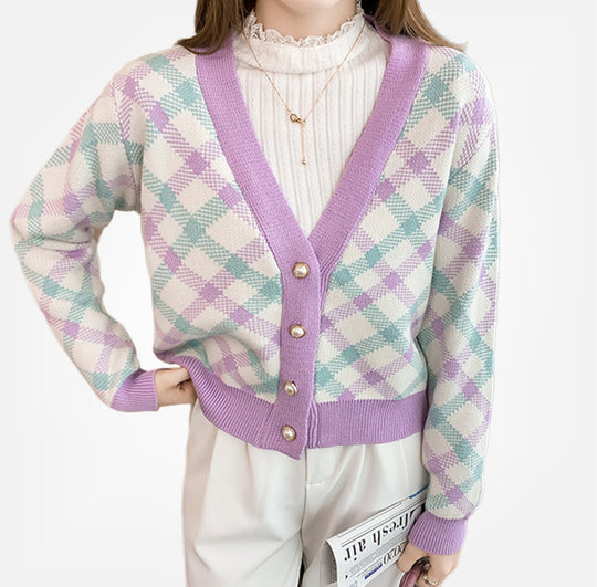 Damen modischer Strickcardigan mit Karomuster und eleganter Knopfleiste EB