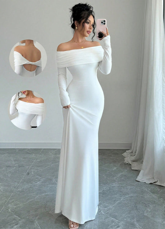 Damen Elegantes und figurbetontes Off-Shoulder Maxikleid mit langen Ärmeln EB