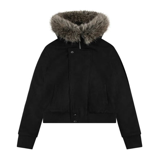 Damen nan kurze Lammfelloptik-Bomberjacke mit voluminöser Kapuzenblende und Daumenlochbündchen EB