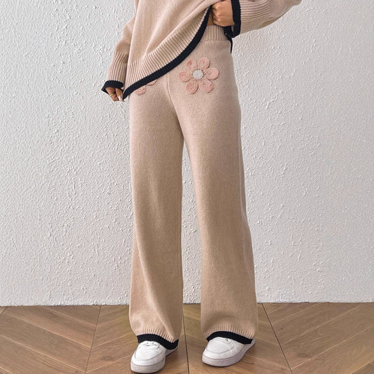 Damen bequeme Strickhose mit floralem Applikationsdesign EB