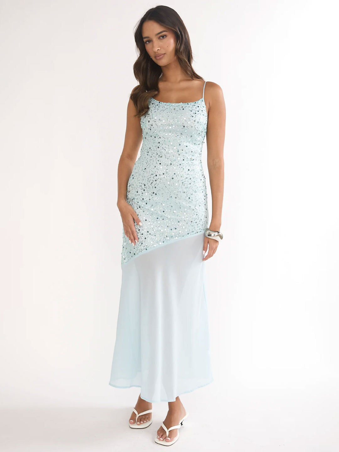 Damen Glitzerndes Maxikleid mit transparentem Obermaterial und asymmetrischem Saum EB