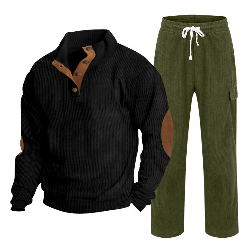 Herren nan Strick-Freizeitset mit Knopfleiste und Ellenbogenaufnähern sowie Cord-Cargohose EB