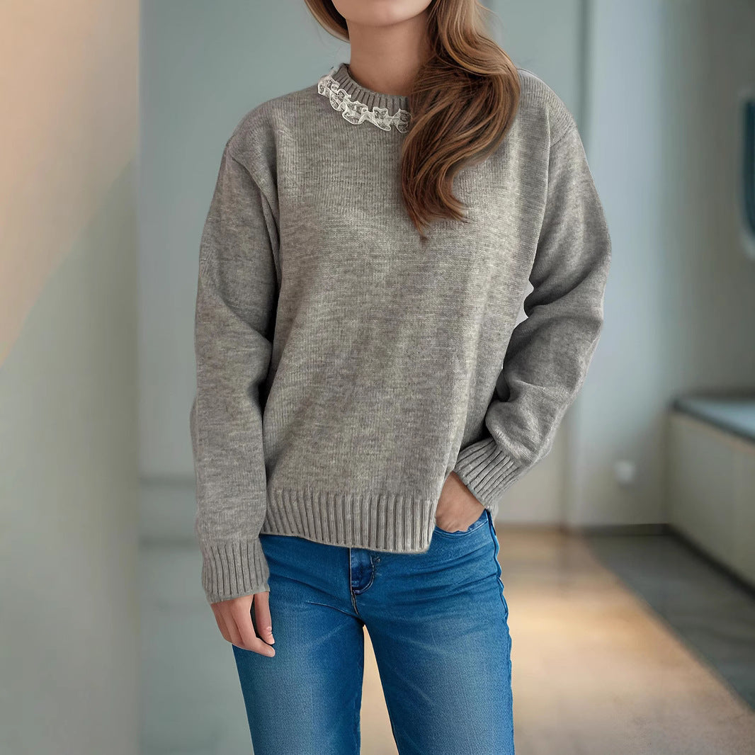 Damen lässiger Pullover mit dekorativem Kragen EB