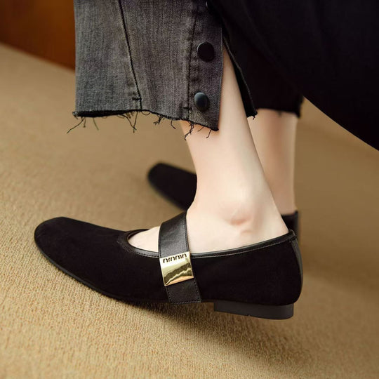Damen Mary Jane Ballerinas mit modischem Riemchen und hochwertigem Veloursleder EB