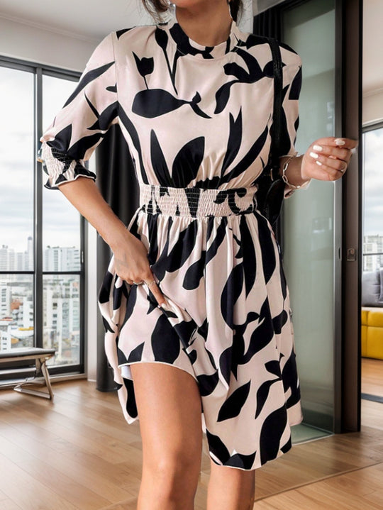 Damen Blumenkleid mit elastischem Taillenzug und Ballonärmel EB