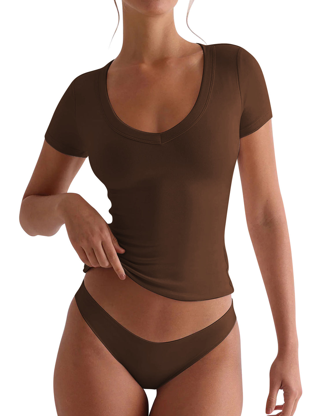 Damen figurbetontes V-Neck T-Shirt mit kurzen Ärmeln EB