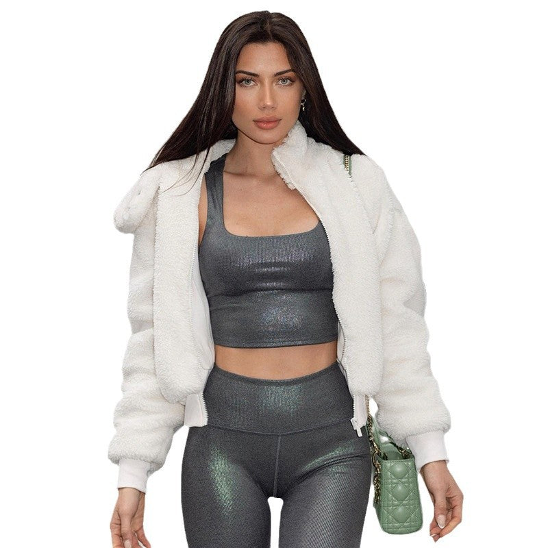Damen nan gefütterte Teddy-Fleece-Hoodie-Jacke mit Kapuze, kurzem Schnitt und elastischem Rippenbund EB