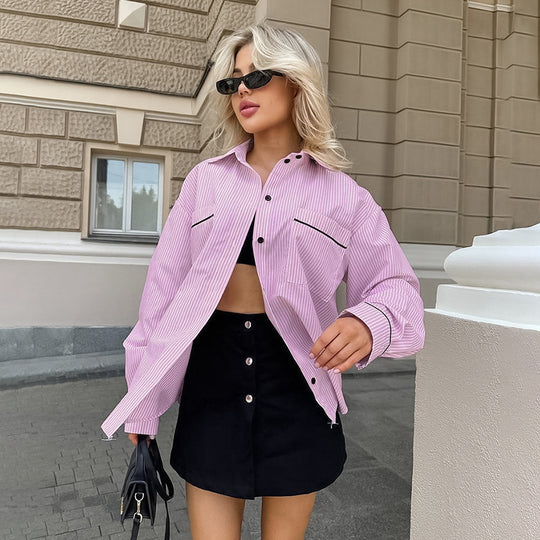 Damen Oversized Hemdjacke mit strukturiertem Design und gestreiften Muster EB