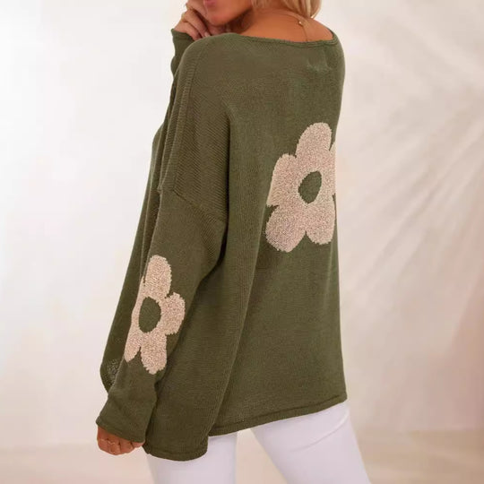 Damen grob gestrickter Pullover mit floralem Design und weitem Schnitt EB