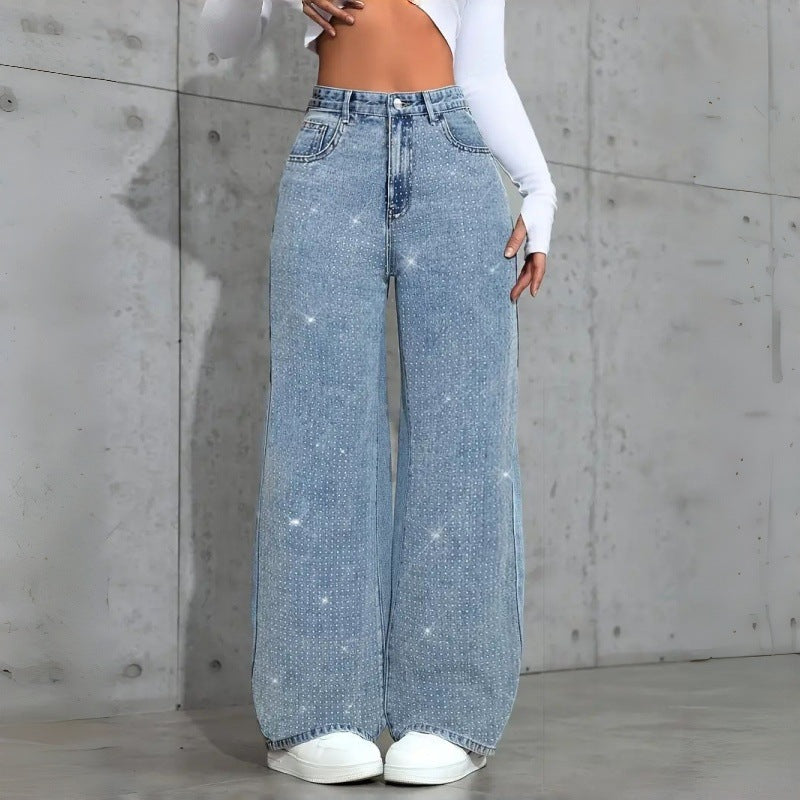 Damen Elegante High-Waist Jeans im weiten Schnitt mit glitzerndem Detail EB