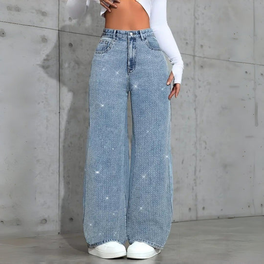 Damen Elegante High-Waist Jeans im weiten Schnitt mit glitzerndem Detail EB