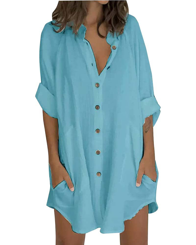 Damen lässiges Hemdblusenkleid mit Knopfleiste und praktischen Taschen EB