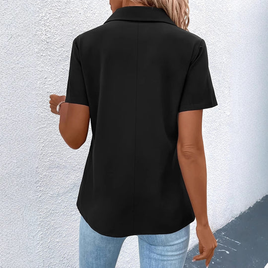 Damen Kurzarm-Bluse mit modischem Reißverschluss und dekorativen Taschen EB