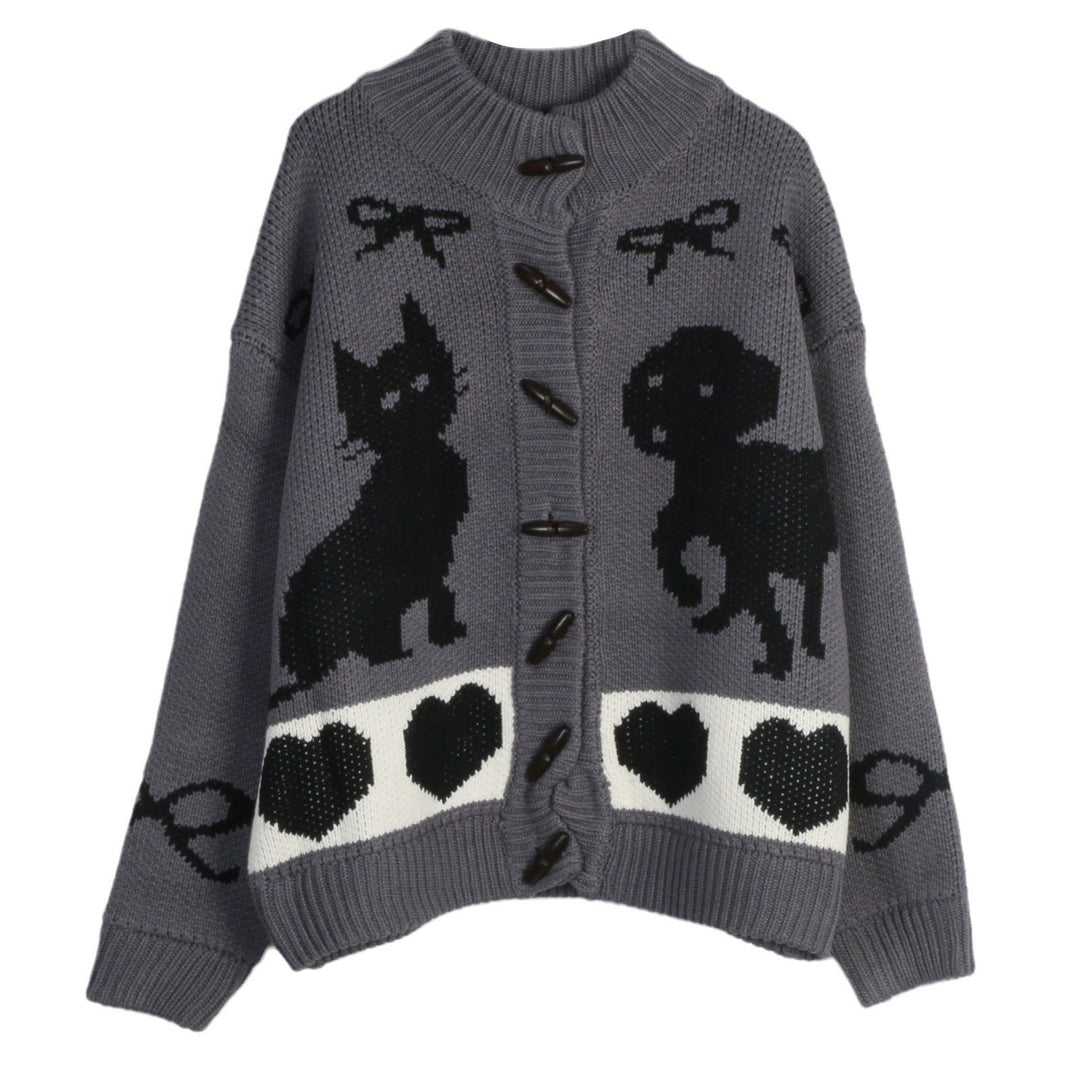 Damen Strickjacke mit verspielten Tiermotiven und Knopfdetaillierung EB