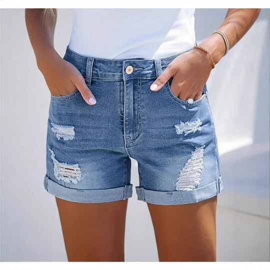 Damen kurze Destroyed Denim-Shorts im lässigen Look mit umgeschlagenen Säumen und stylischen Rissdetails EB
