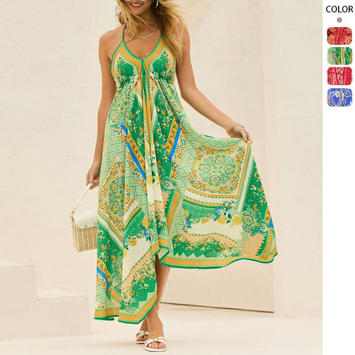 Damen Luftiges Maxikleid mit verspieltem Halterneck-Design und floralen Akzenten EB