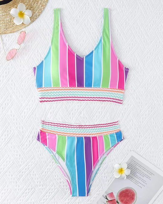Damen Bikini-Set mit breitem Farbblockdesign und hohem Bündchen EB