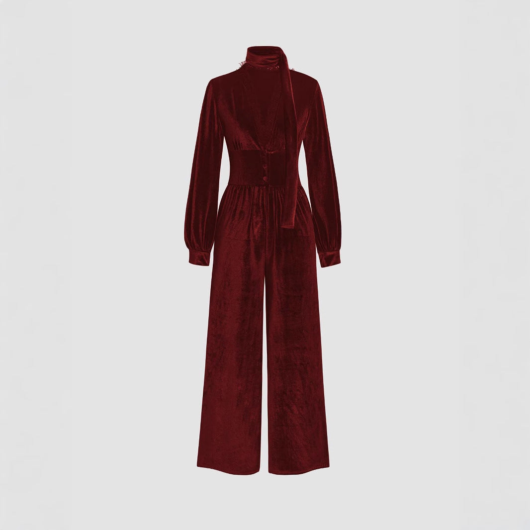 Damen eleganter Samt-Jumpsuit mit schickem Kragen und weitem Bein EB