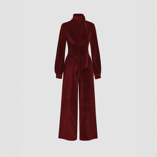 Damen eleganter Samt-Jumpsuit mit schickem Kragen und weitem Bein EB