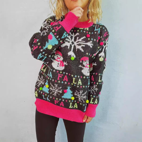 Damen weihnachtlicher Pullover mit bunten Applikationen und festlichem Design EB
