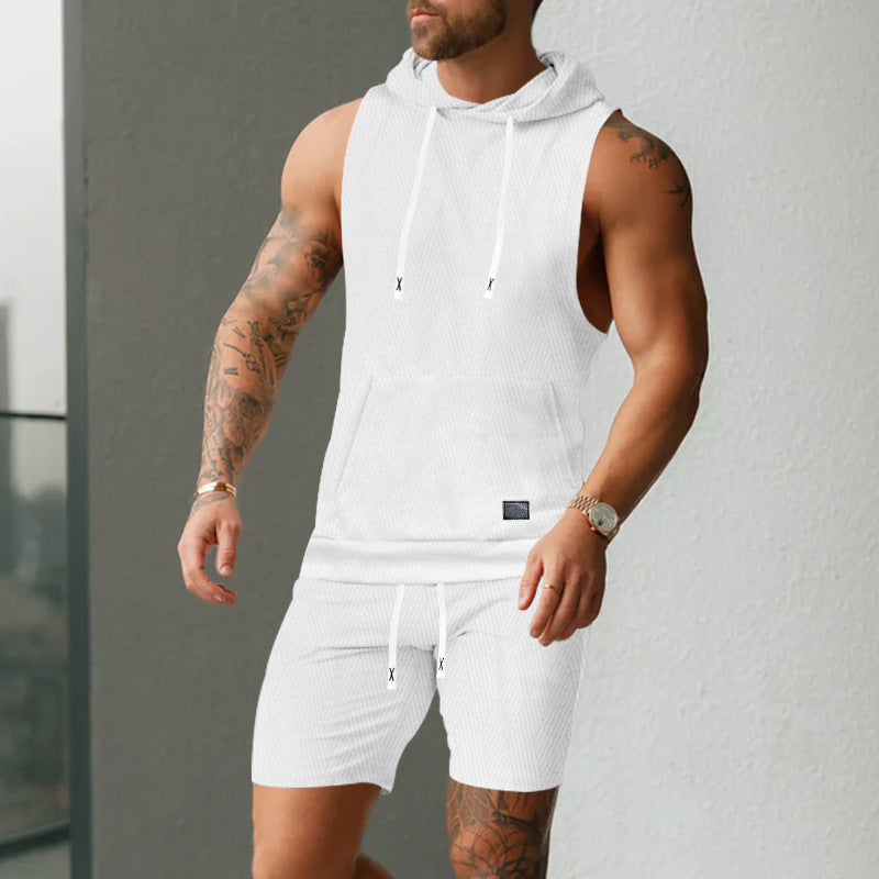 Herren nan ärmelloses Kapuzenweste-Set aus strukturiertem Baumwollmix mit Kängurutasche und Tunnelzug-Shorts EB