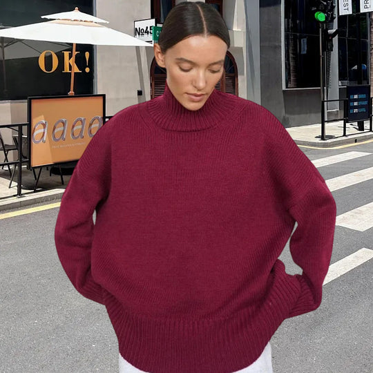 Damen Strickpullover mit hohem Kragen und weitem Schnitt EB