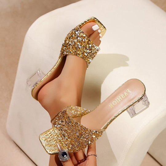 Damen Glamouröse Glitzersandalen mit transparentem Blockabsatz EB