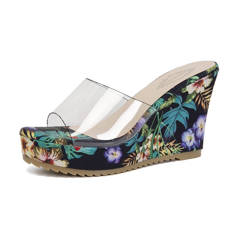 Damen nan PVC-Riemen Keilpantoletten mit floral bedruckter Keilsohle und ergonomischem Komfortfußbett EB