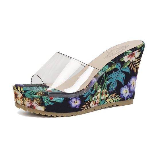 Damen nan PVC-Riemen Keilpantoletten mit floral bedruckter Keilsohle und ergonomischem Komfortfußbett EB