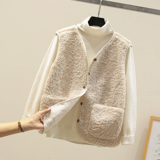 Damen Ärmellose Teddyweste mit Knopfleiste und aufgesetzten Taschen EB