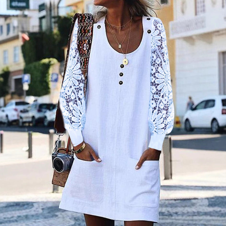 Damen Sommerkleid mit eleganten Spitzenärmeln und praktischen Taschen Heidi-Mode