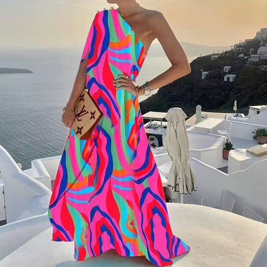 Damen Maxikleid mit einseitigem Träger und lebhaftem Mustermix EB