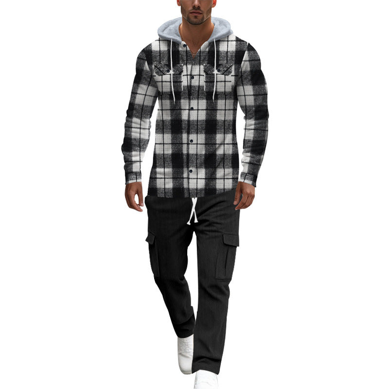 Herren gemusterte Kapuzenshirtjacke mit karierter Struktur und praktischen Taschen EB