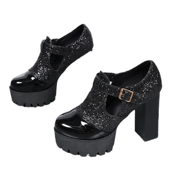 Damen Chunky Glamour-Pumps mit glitzerndem Obermaterial und stabiler Plattform EB