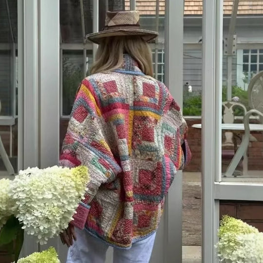 Damen nan gesteppte Patchwork-Kimonojacke mit glänzendem Satinfutter und weitem Schalkragen EB