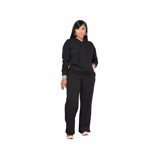 Damen nan Relax-Loungewear-Set mit weitem Highwaist-Palazzo-Jogger, Kapuzenpullover mit Kängurutasche und seitlichem Saumschlitz EB